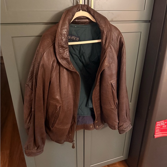Vintage Nautica L Brown Leather Bomber Jacket with Quilted Green Vest Lining